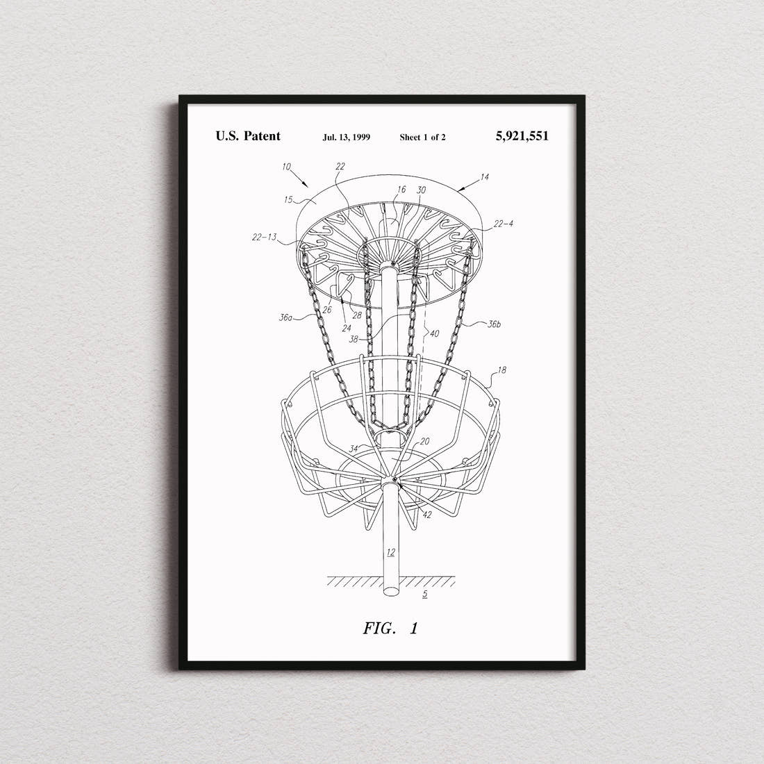 Disc Golf Target Patent Print in the white colourway, framed