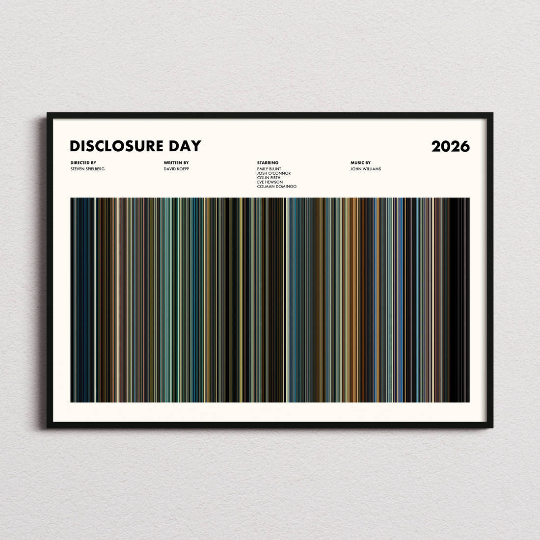 Disclosure Day Movie Barcode Poster framed and photographed straight on