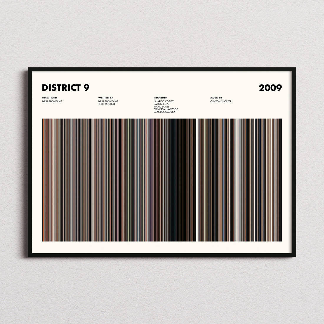 District 9 Movie Barcode Poster framed and photographed straight on