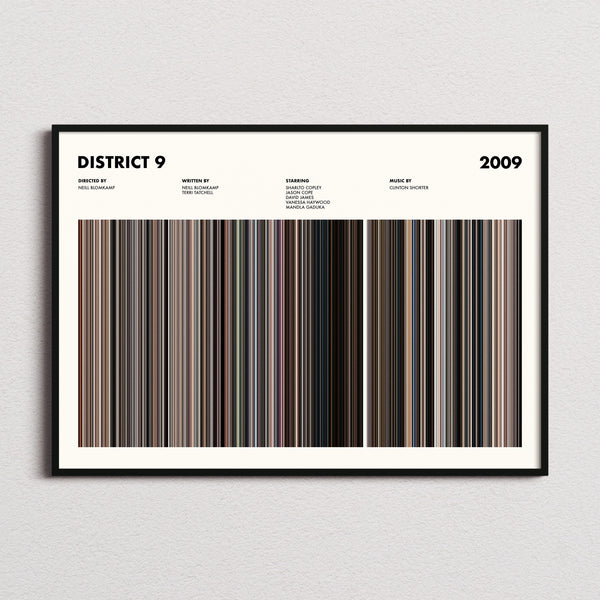 District 9 Movie Barcode Poster framed and photographed straight on