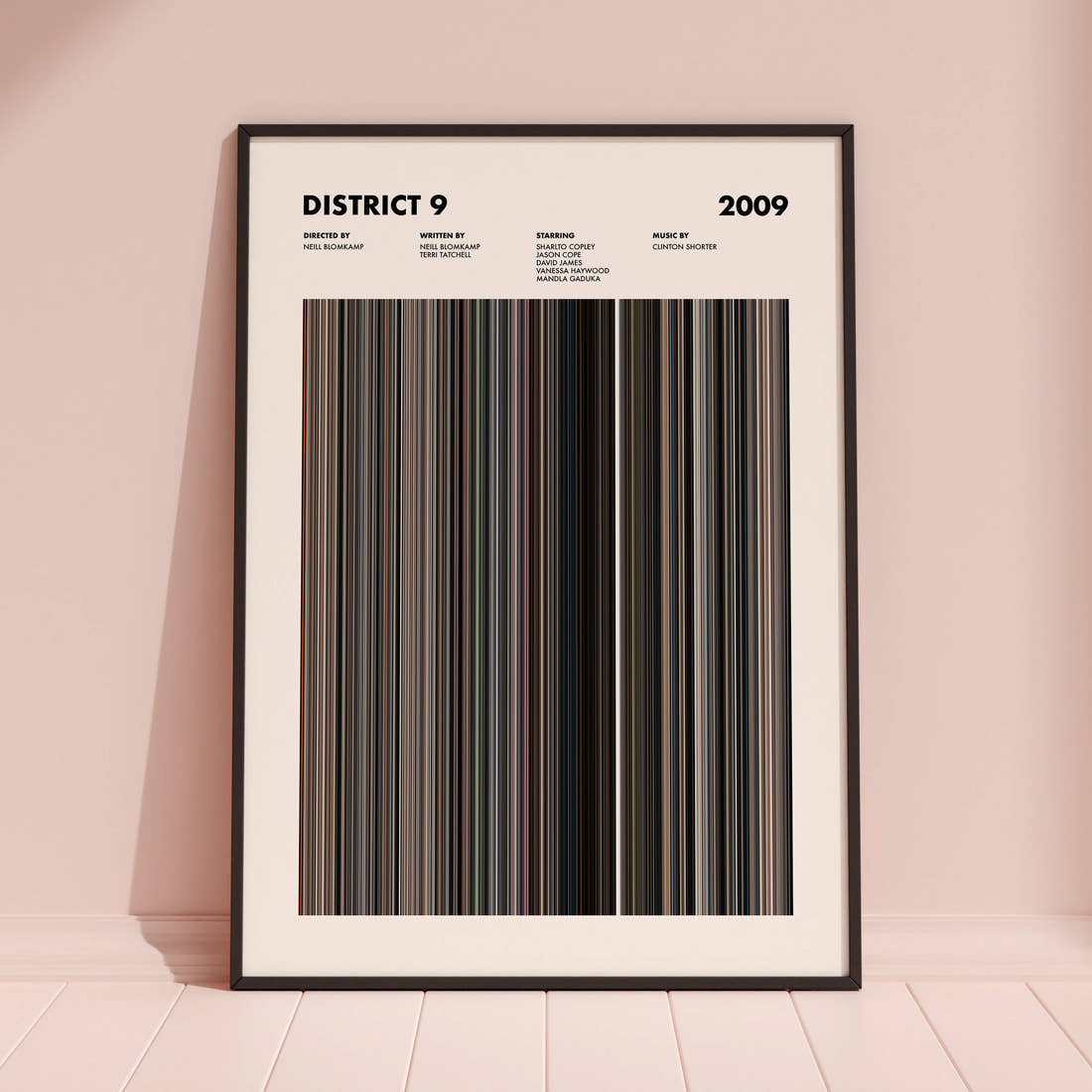 District 9 Movie Barcode Poster framed and leaning against a coloured wall