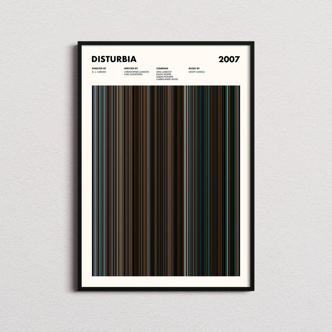 Disturbia Movie Barcode Poster framed on a plain studio wall