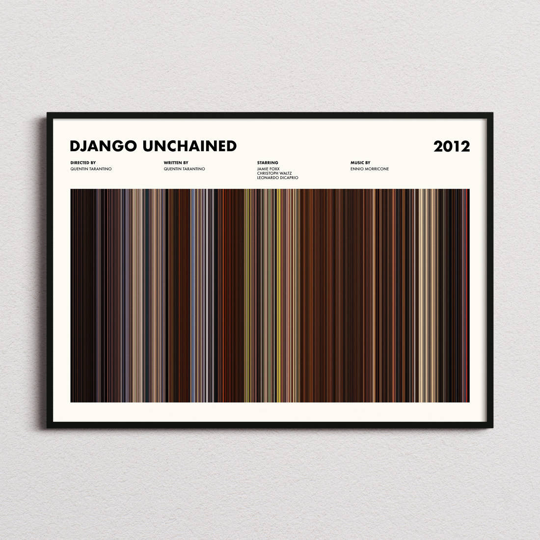 Django Unchained Movie Barcode Poster framed and photographed straight on