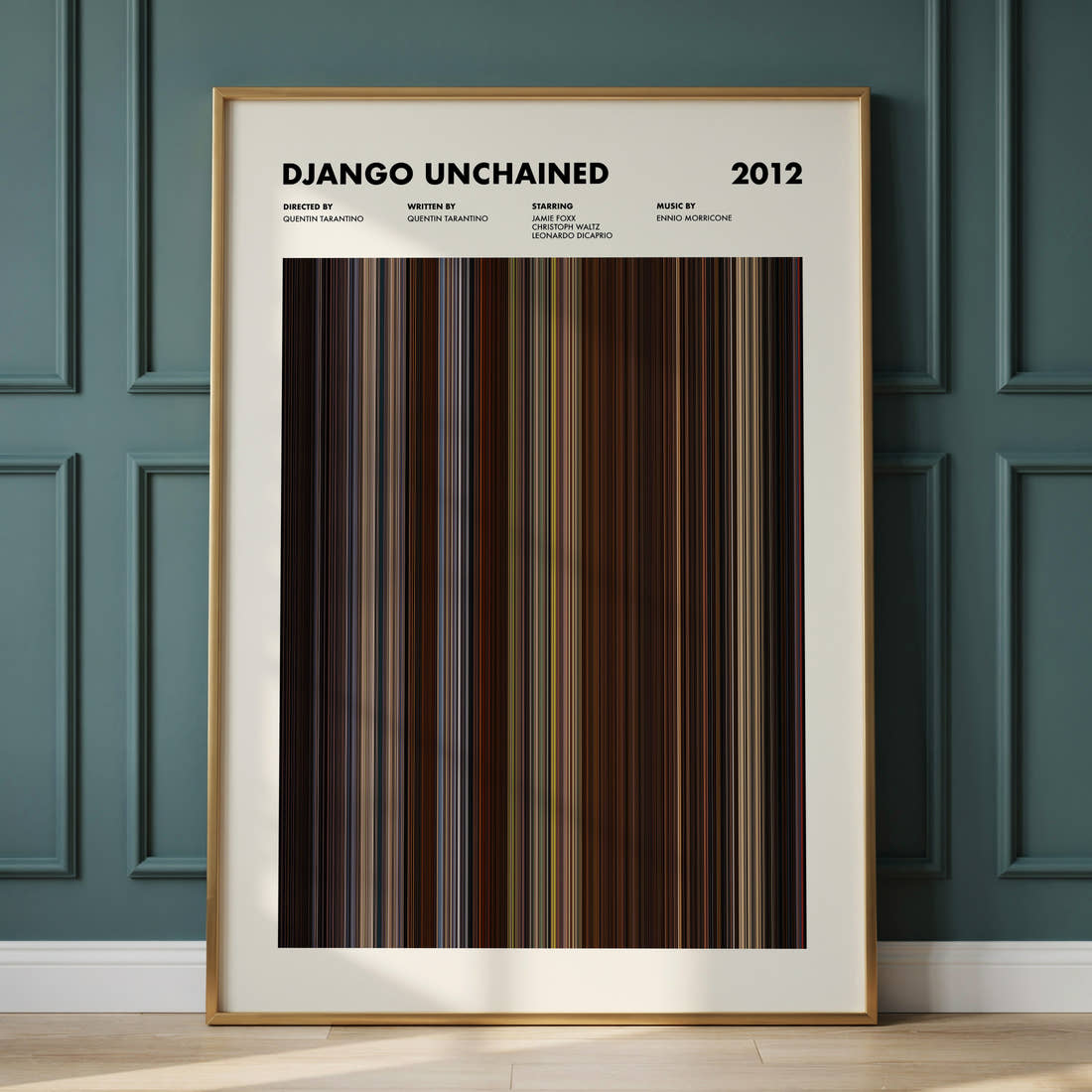 Django Unchained Movie Barcode Poster framed and leaning against a panelled wall