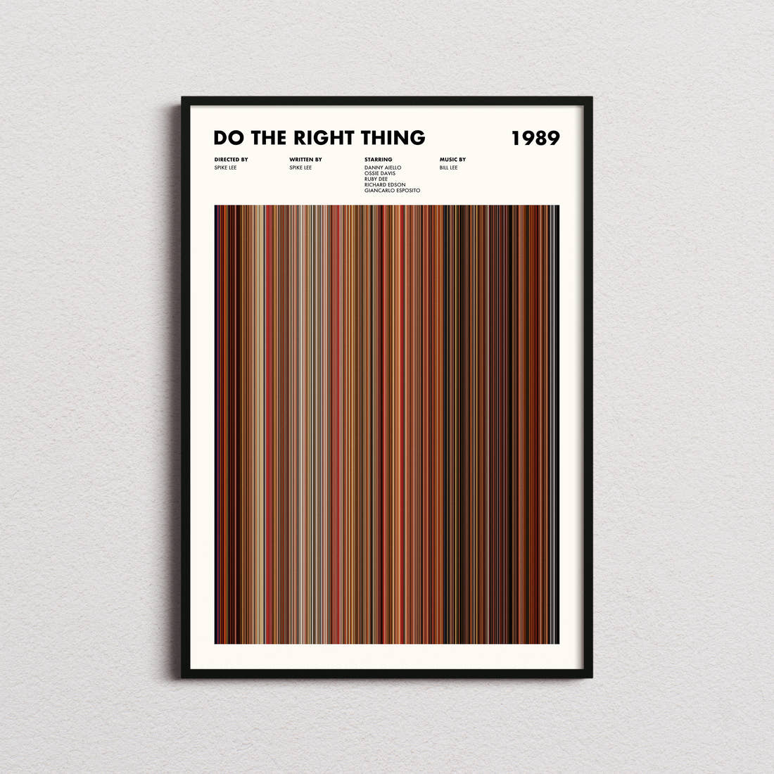 Do The Right Thing Movie Barcode Poster framed on a plain studio wall