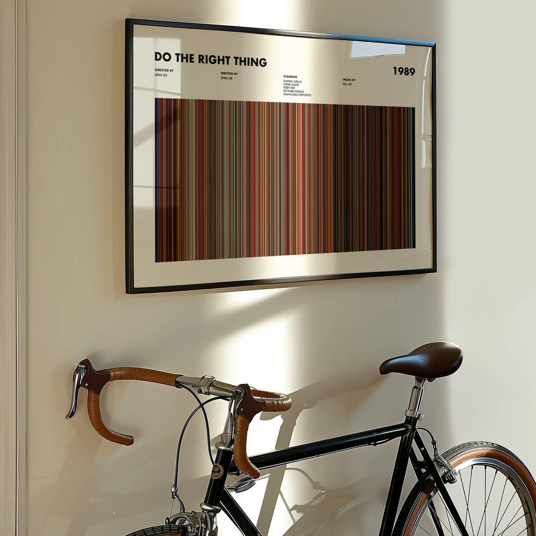 Do The Right Thing Movie Barcode Poster framed on the wall of a styled room setting