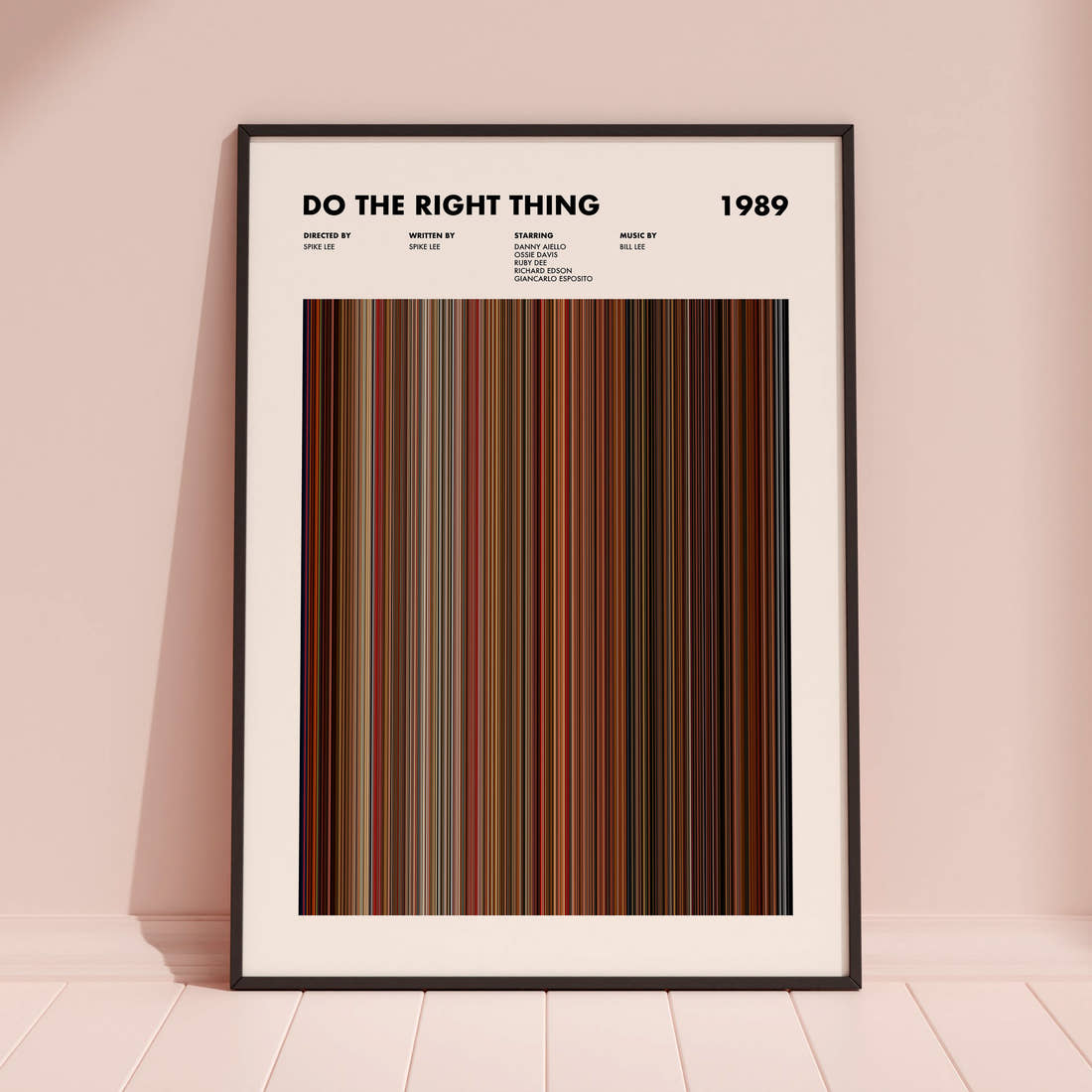 Do The Right Thing Movie Barcode Poster framed and leaning against a coloured wall