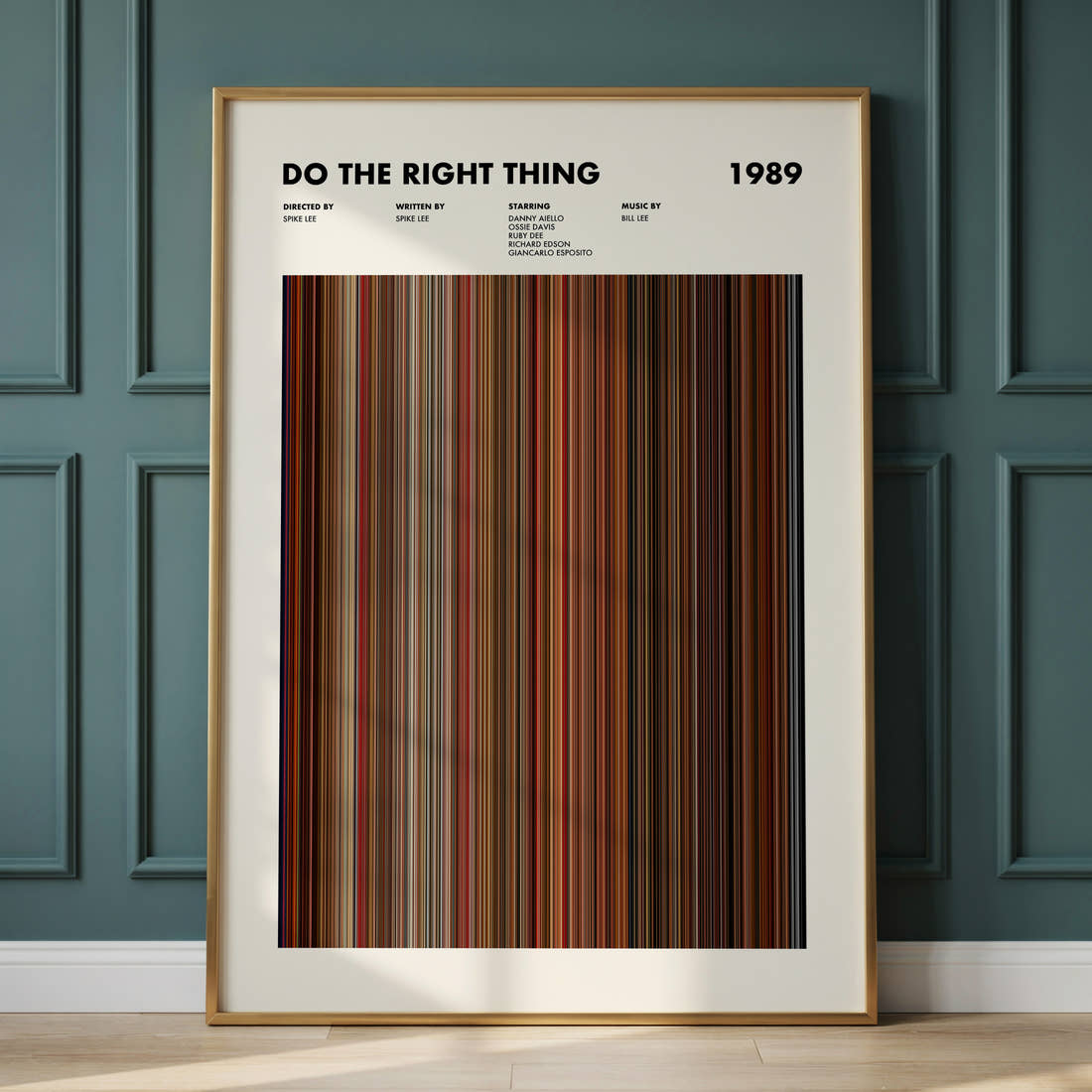 Do The Right Thing Movie Barcode Poster framed and leaning against a panelled wall