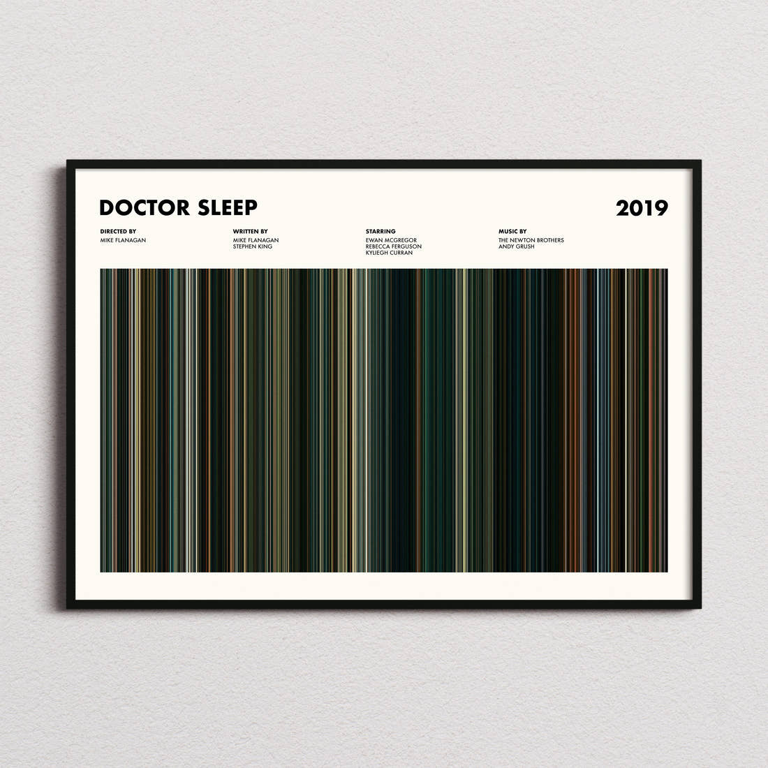 Doctor Sleep Movie Barcode Poster framed and photographed straight on