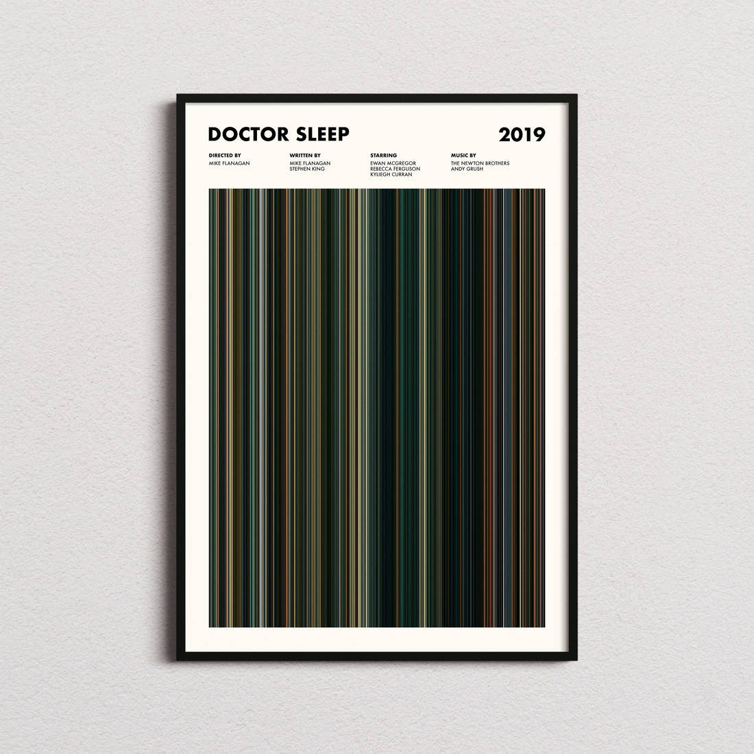 Doctor Sleep Movie Barcode Poster framed on a plain studio wall