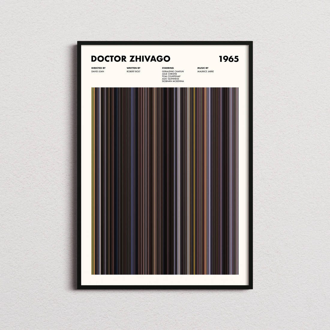 Doctor Zhivago Movie Barcode Poster framed on a plain studio wall