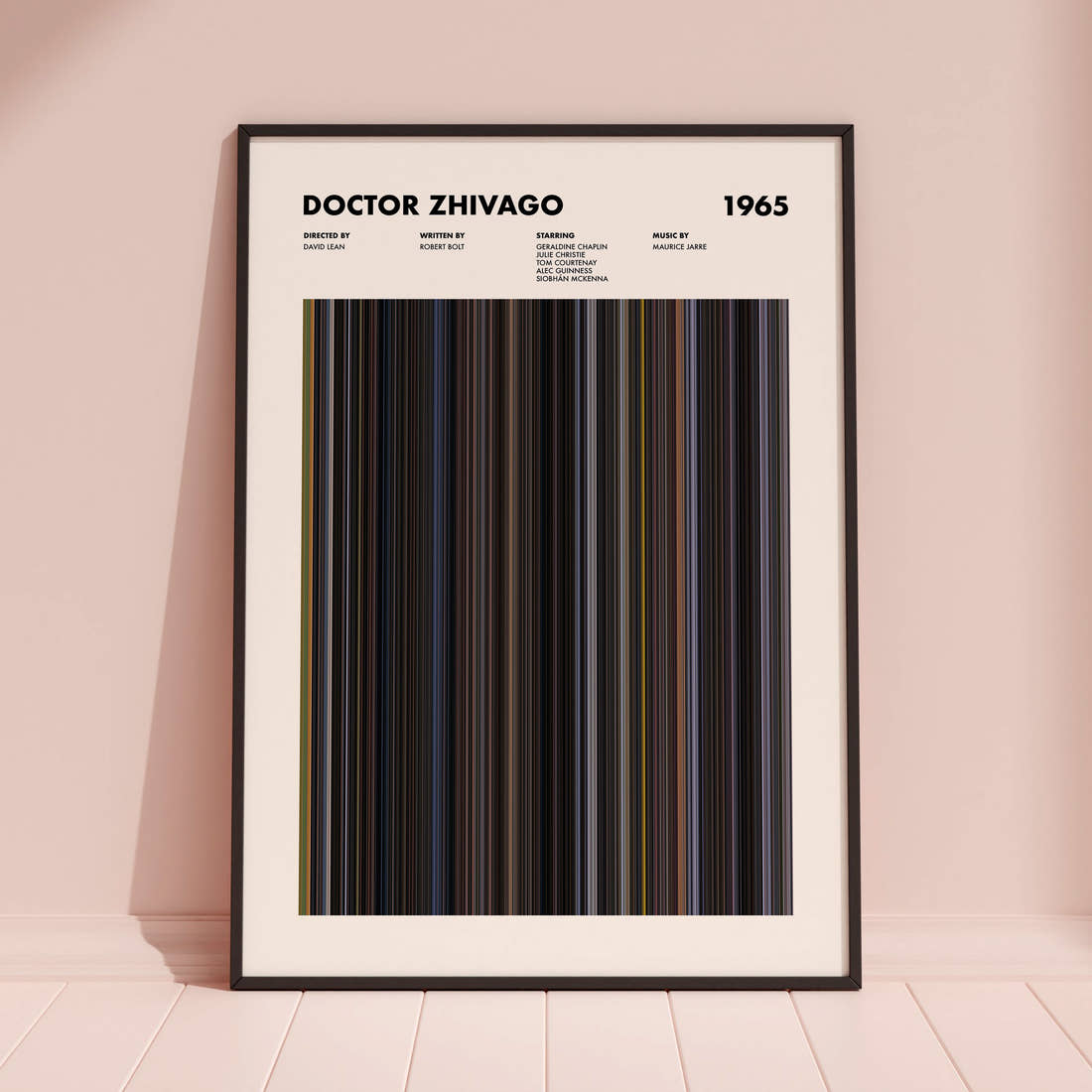 Doctor Zhivago Movie Barcode Poster framed and leaning against a coloured wall