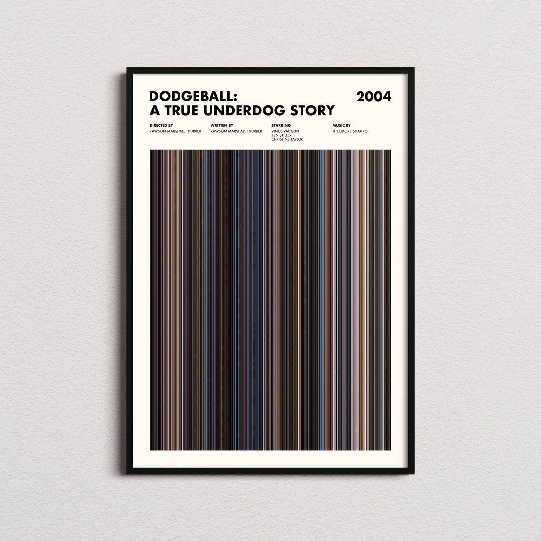 Dodgeball: A True Underdog Story Movie Barcode Poster framed on a plain studio wall