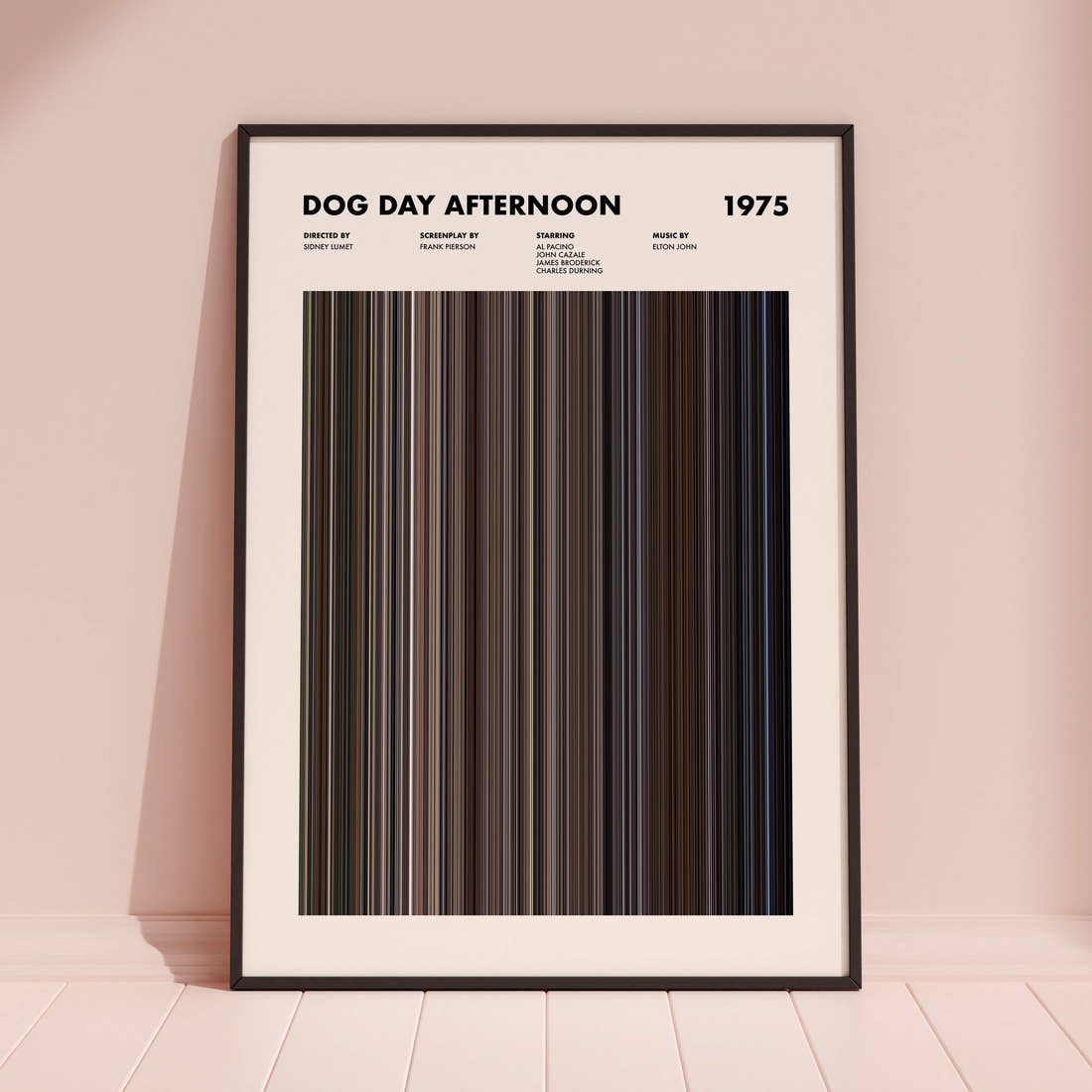 Dog Day Afternoon Movie Barcode Poster framed and leaning against a coloured wall