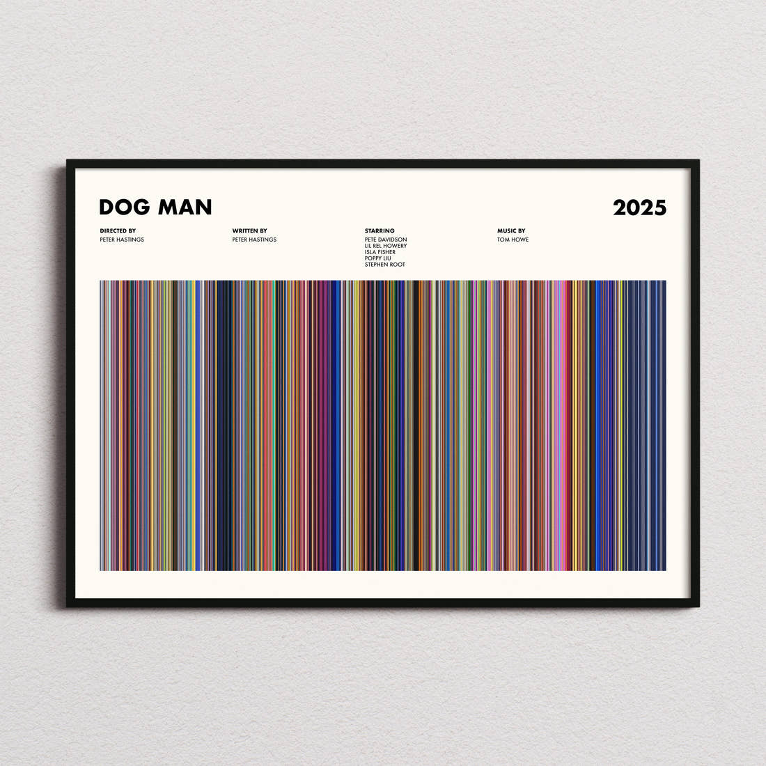 Dog Man Movie Barcode Poster framed and photographed straight on