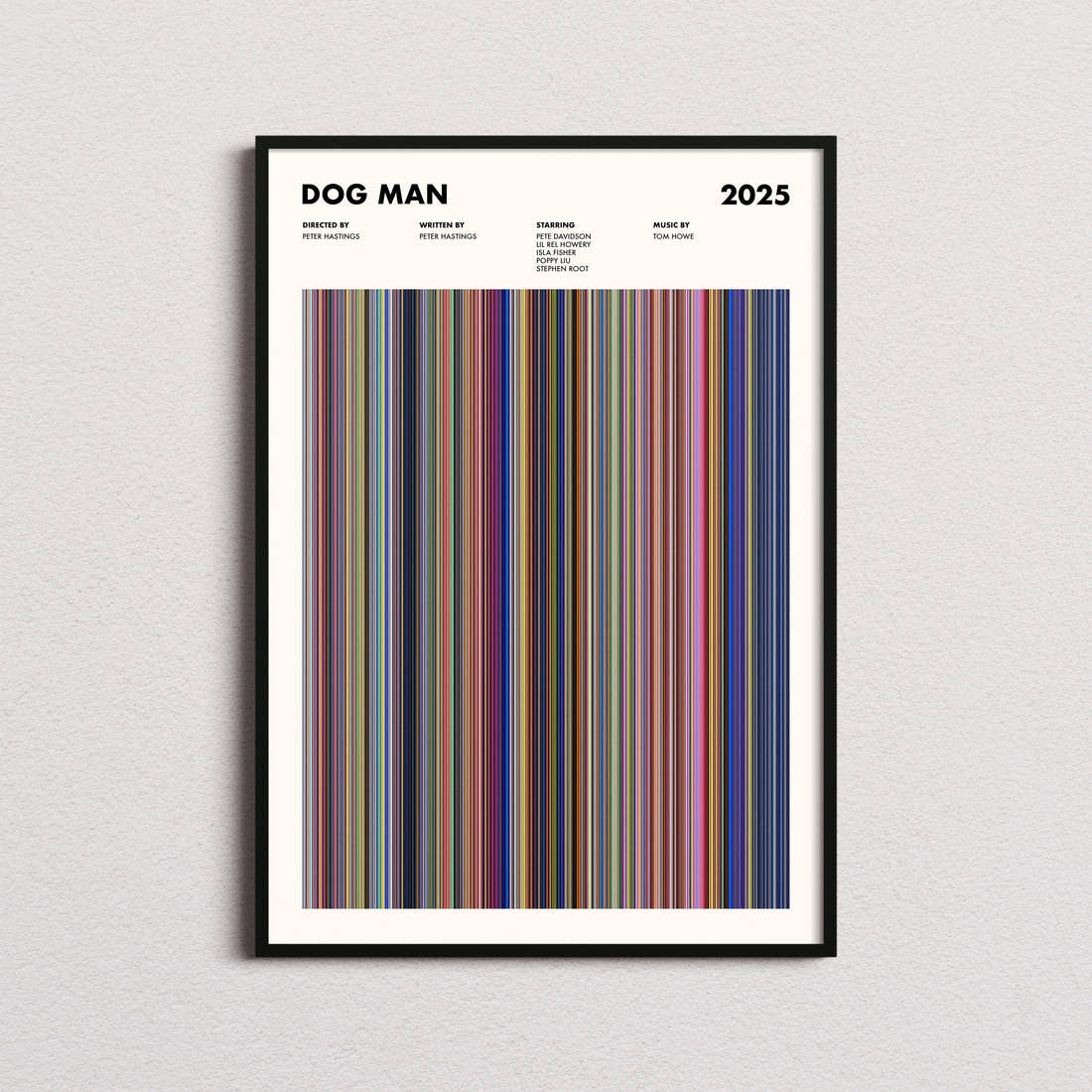 Dog Man Movie Barcode Poster framed on a plain studio wall
