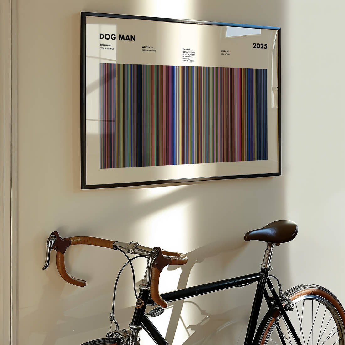 Dog Man Movie Barcode Poster framed on the wall of a styled room setting