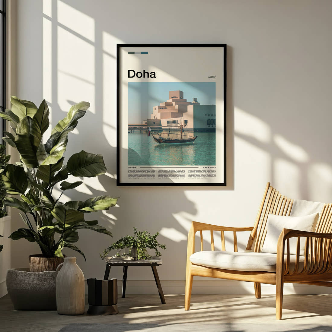 Doha Museum Of Islamic Art Travel Print framed on a pale wall beside houseplants