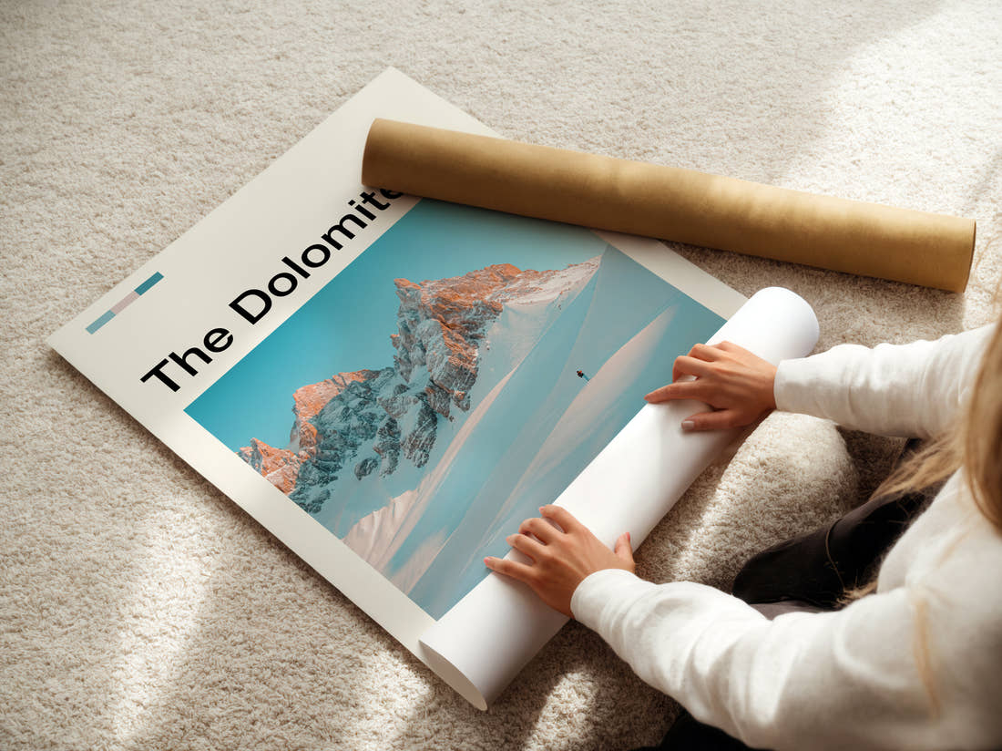 Dolomites Snowy Jagged Peaks Travel Print being unrolled from its postal tube