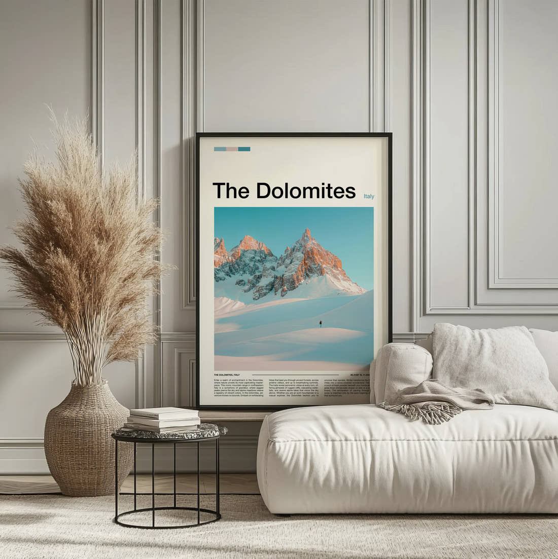 Dolomites Snowy Jagged Peaks Travel Print framed on the wall of a calm, neutral bedroom