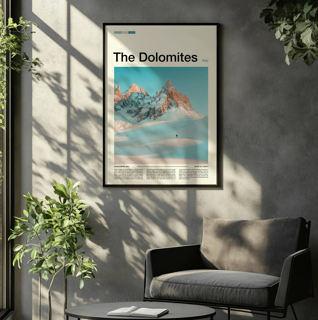 Dolomites Snowy Jagged Peaks Travel Print framed on the wall of a relaxed living room