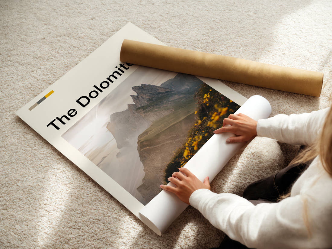 Dolomites Seceda Ridge Travel Print being unrolled from its postal tube