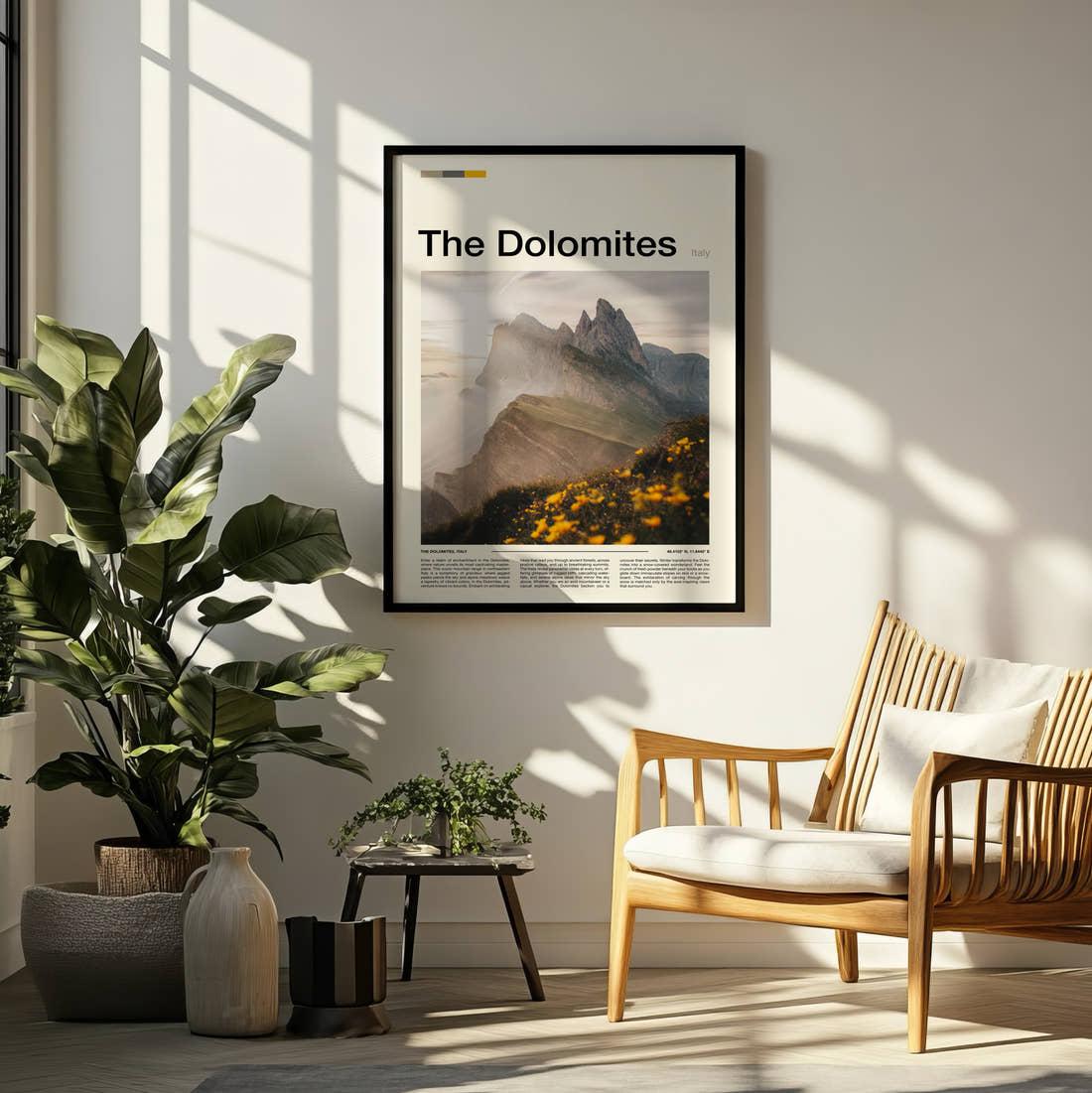 Dolomites Seceda Ridge Travel Print framed on a pale wall beside houseplants
