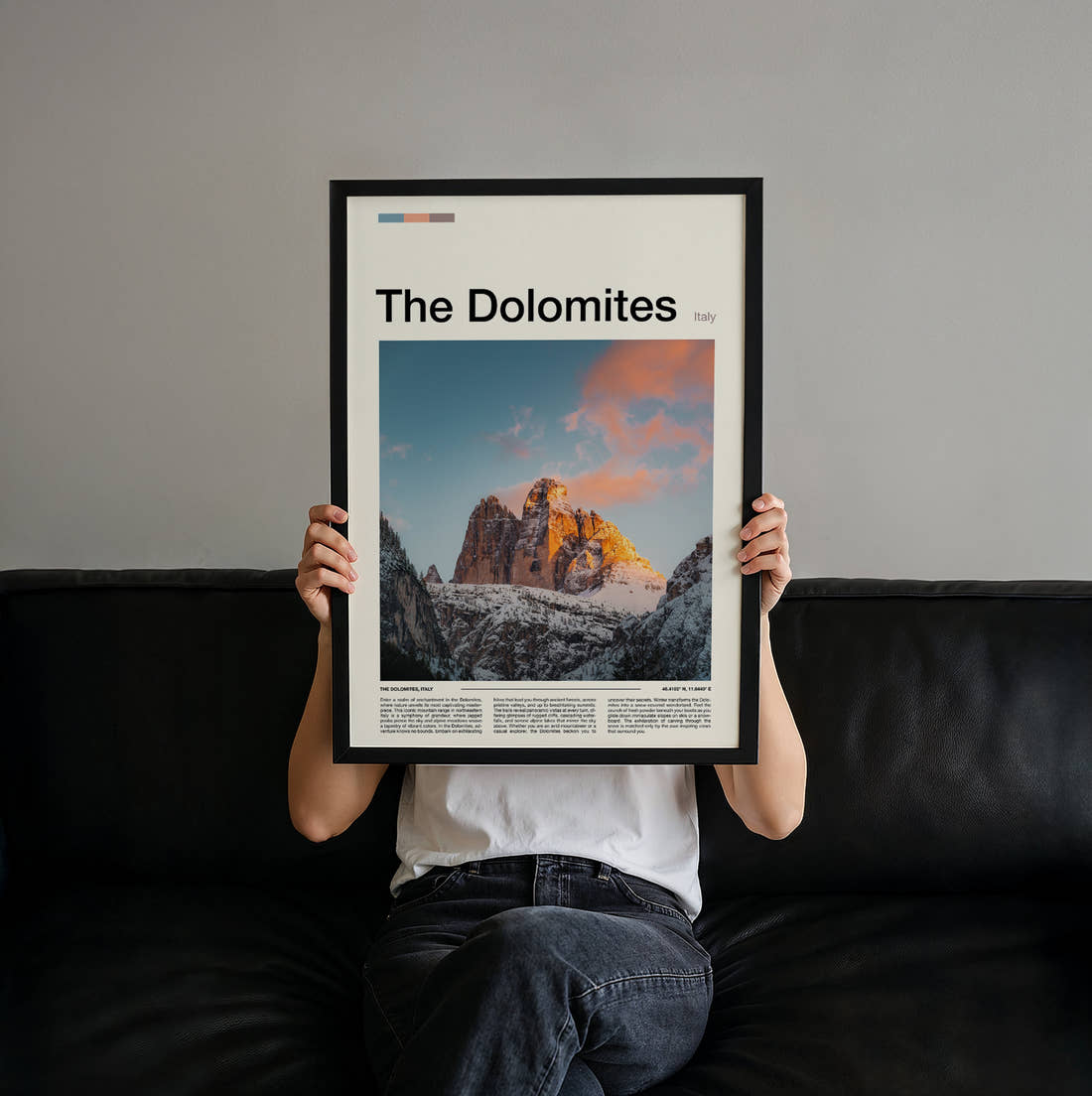 Dolomites Tre Cime Di Lavaredo Travel Print held up by hand to show the size of the print