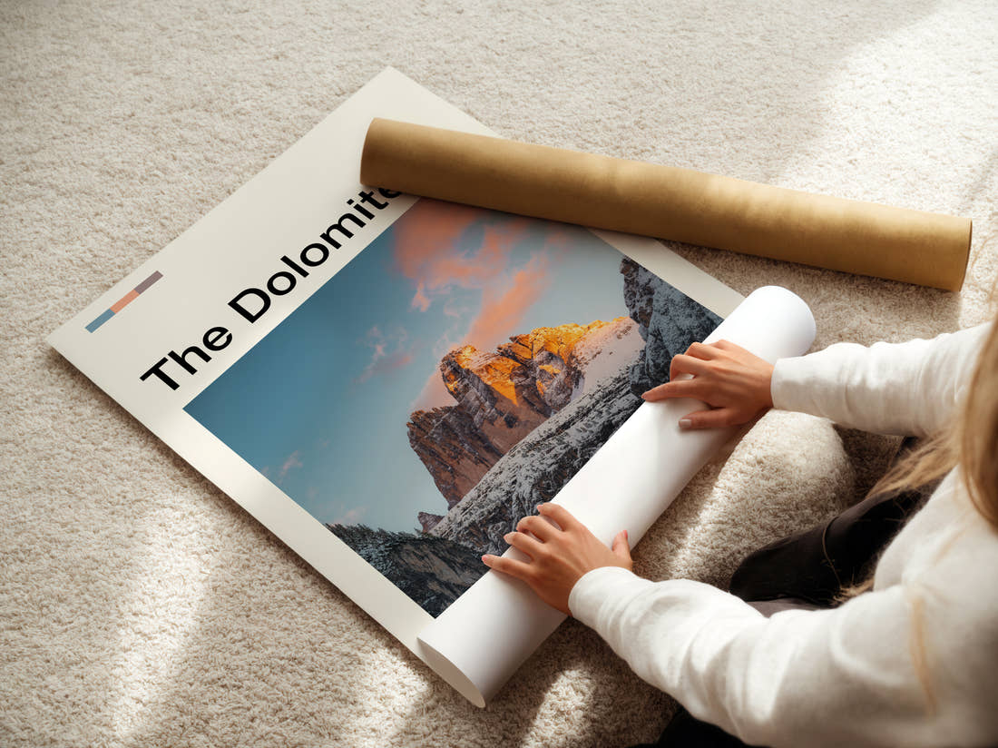 Dolomites Tre Cime Di Lavaredo Travel Print being unrolled from its postal tube