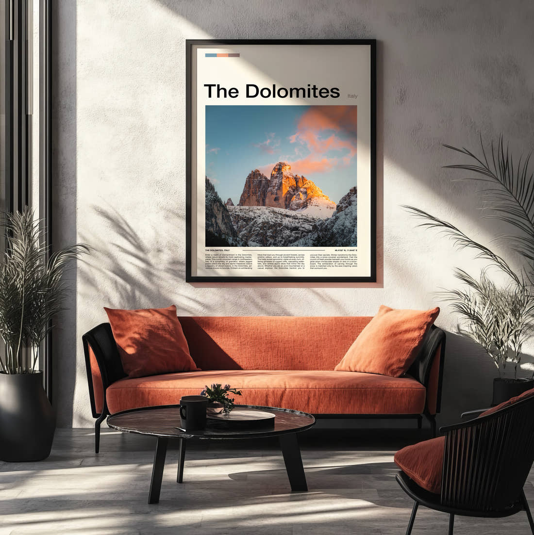 Dolomites Tre Cime Di Lavaredo Travel Print framed on the wall of a modern living room