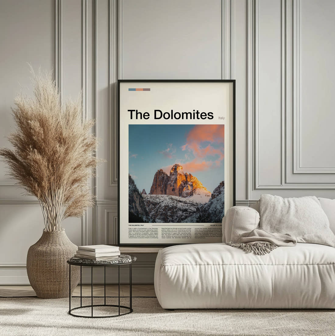 Dolomites Tre Cime Di Lavaredo Travel Print framed on the wall of a calm, neutral bedroom