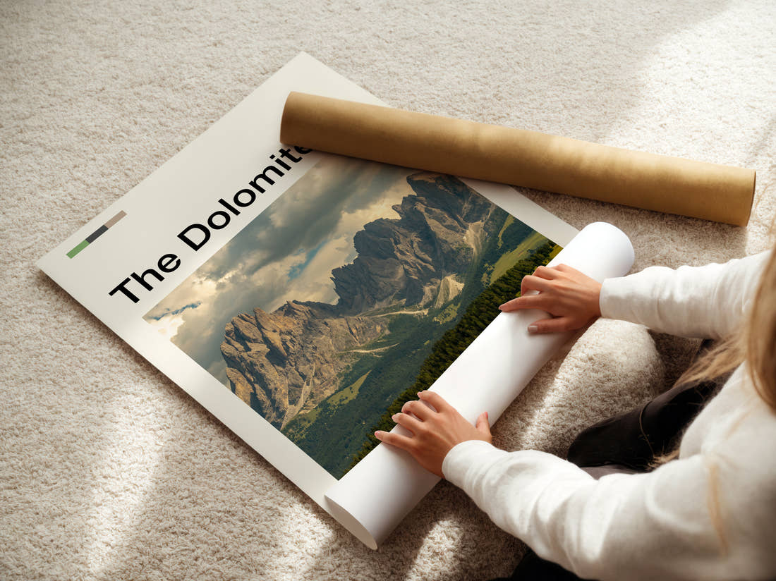 Dolomites Jagged Peaks Over Forest Travel Print being unrolled from its postal tube