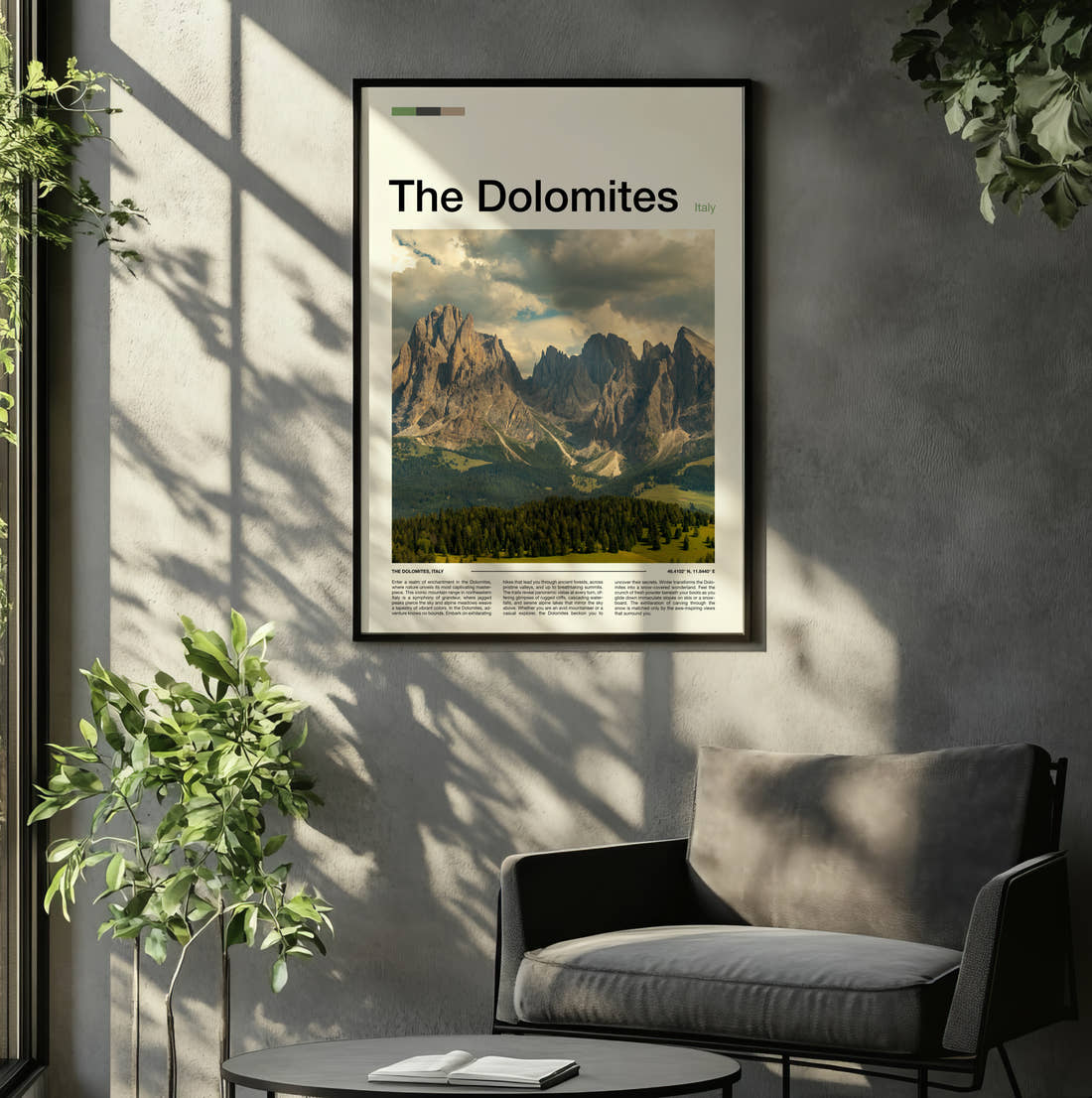 Dolomites Jagged Peaks Over Forest Travel Print framed on the wall of a relaxed living room