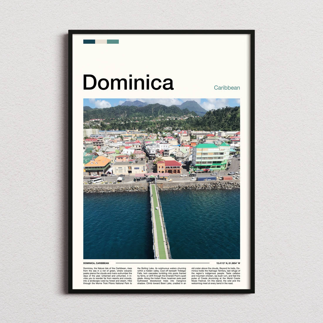 Dominica Coastal Town Aerial Travel Print framed and photographed straight on