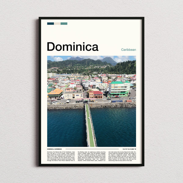 Dominica Coastal Town Aerial Travel Print framed and photographed straight on