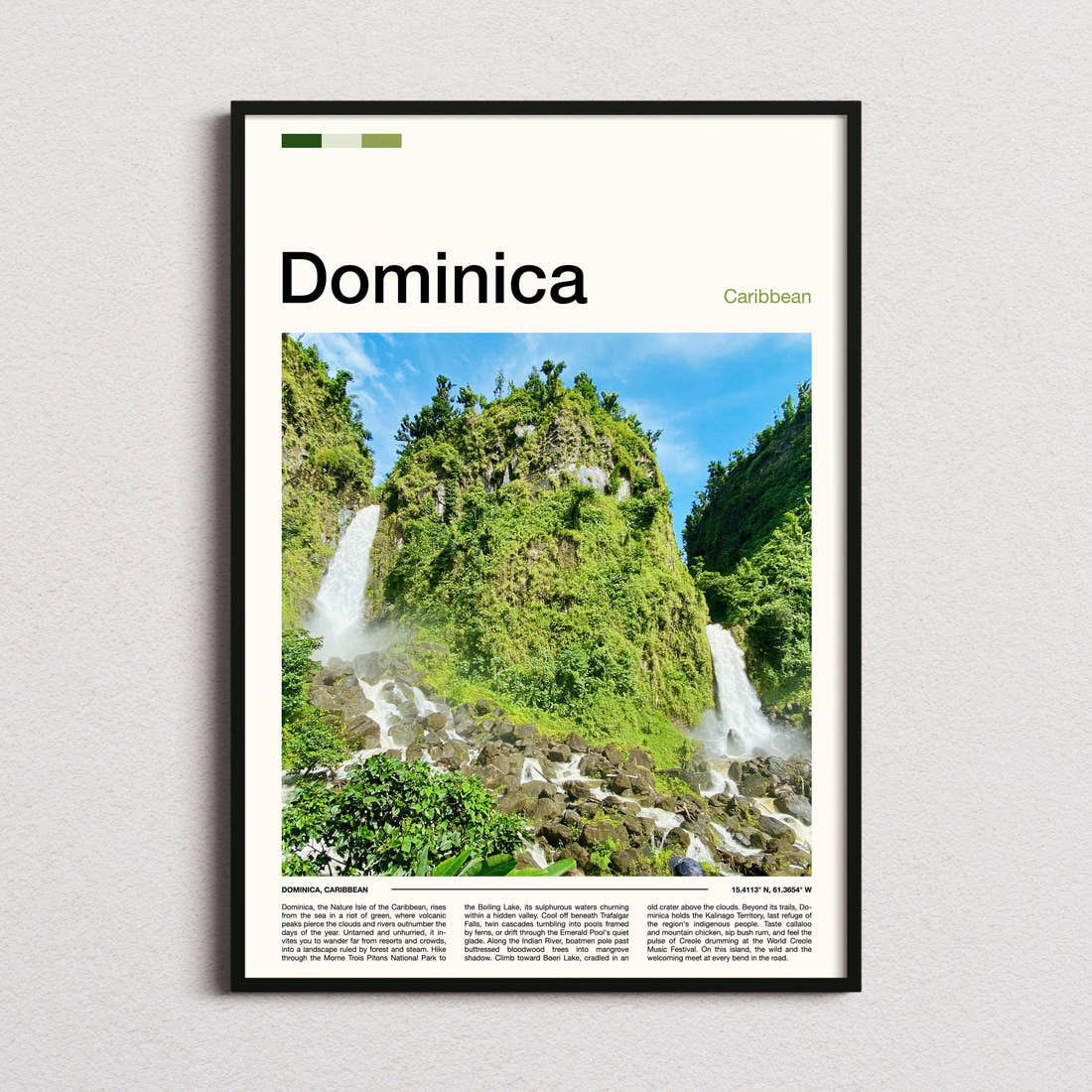 Dominica Twin Rainforest Waterfalls Travel Print framed and photographed straight on
