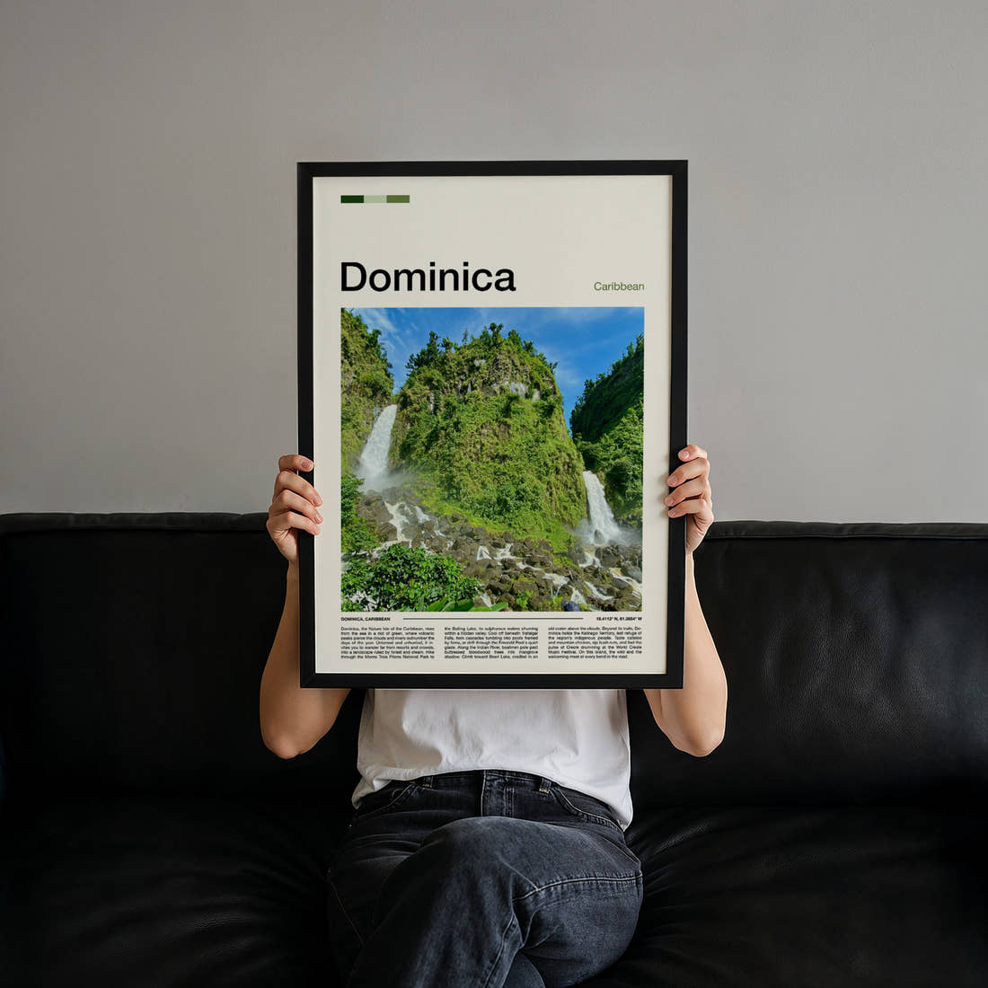 Dominica Twin Rainforest Waterfalls Travel Print held up by hand to show the size of the print