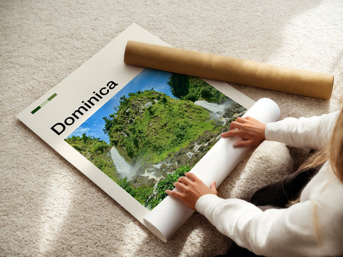 Dominica Twin Rainforest Waterfalls Travel Print being unrolled from its postal tube