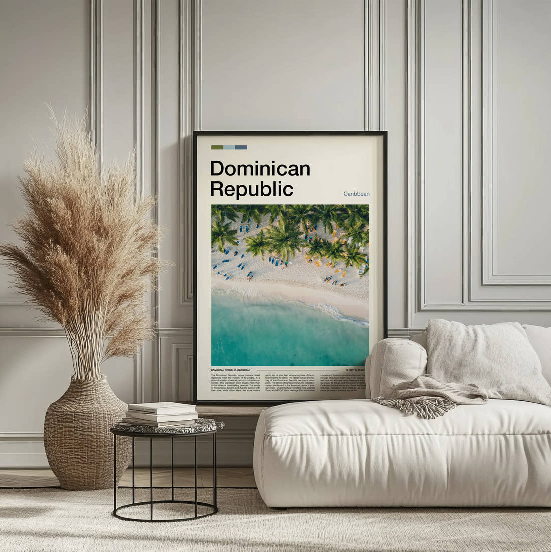 Dominican Republic Beach From Above Travel Print framed on the wall of a calm, neutral bedroom