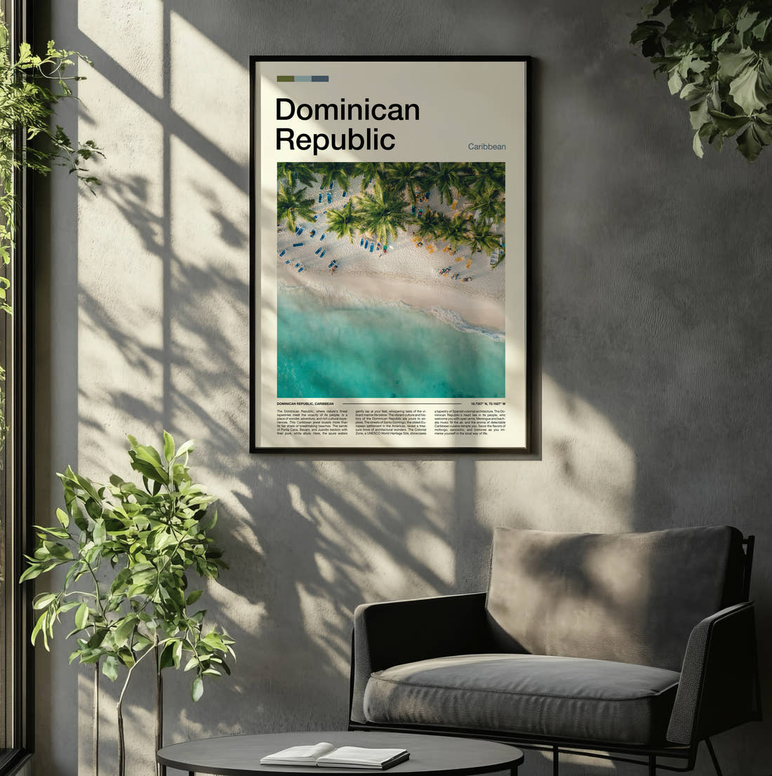 Dominican Republic Beach From Above Travel Print framed on the wall of a relaxed living room