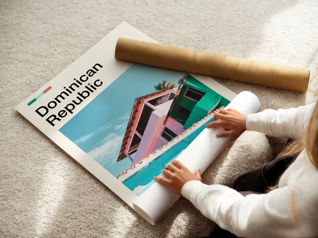 Dominican Republic Colourful Beach House Travel Print being unrolled from its postal tube