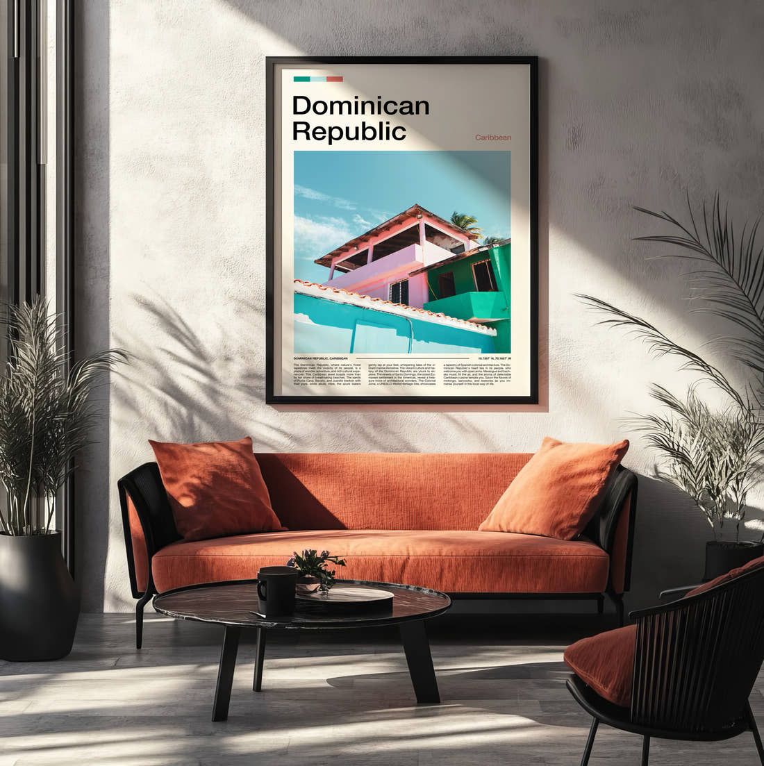 Dominican Republic Colourful Beach House Travel Print framed on the wall of a modern living room