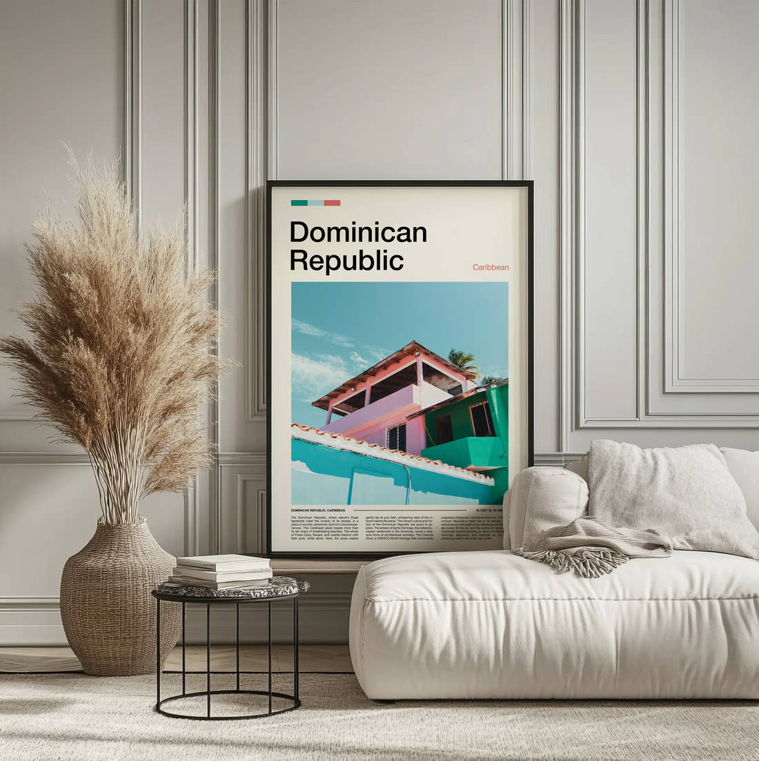 Dominican Republic Colourful Beach House Travel Print framed on the wall of a calm, neutral bedroom