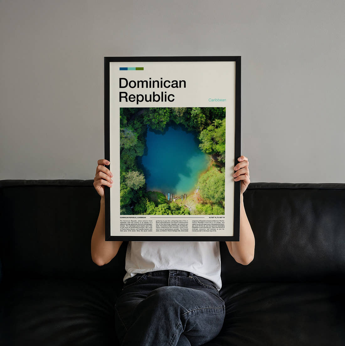 Dominican Republic Jungle Lagoon Travel Print held up by hand to show the size of the print
