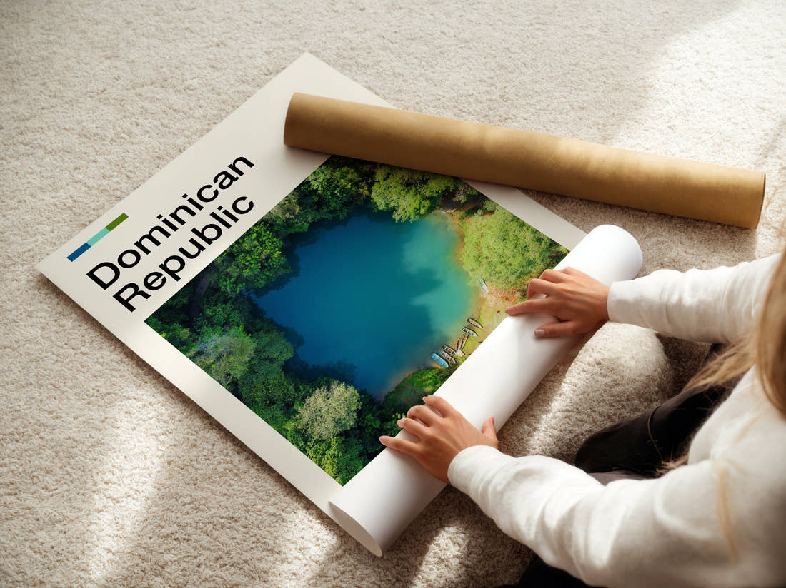 Dominican Republic Jungle Lagoon Travel Print being unrolled from its postal tube