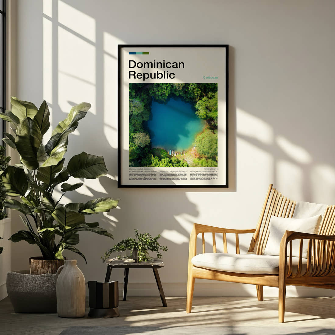 Dominican Republic Jungle Lagoon Travel Print framed on a pale wall beside houseplants