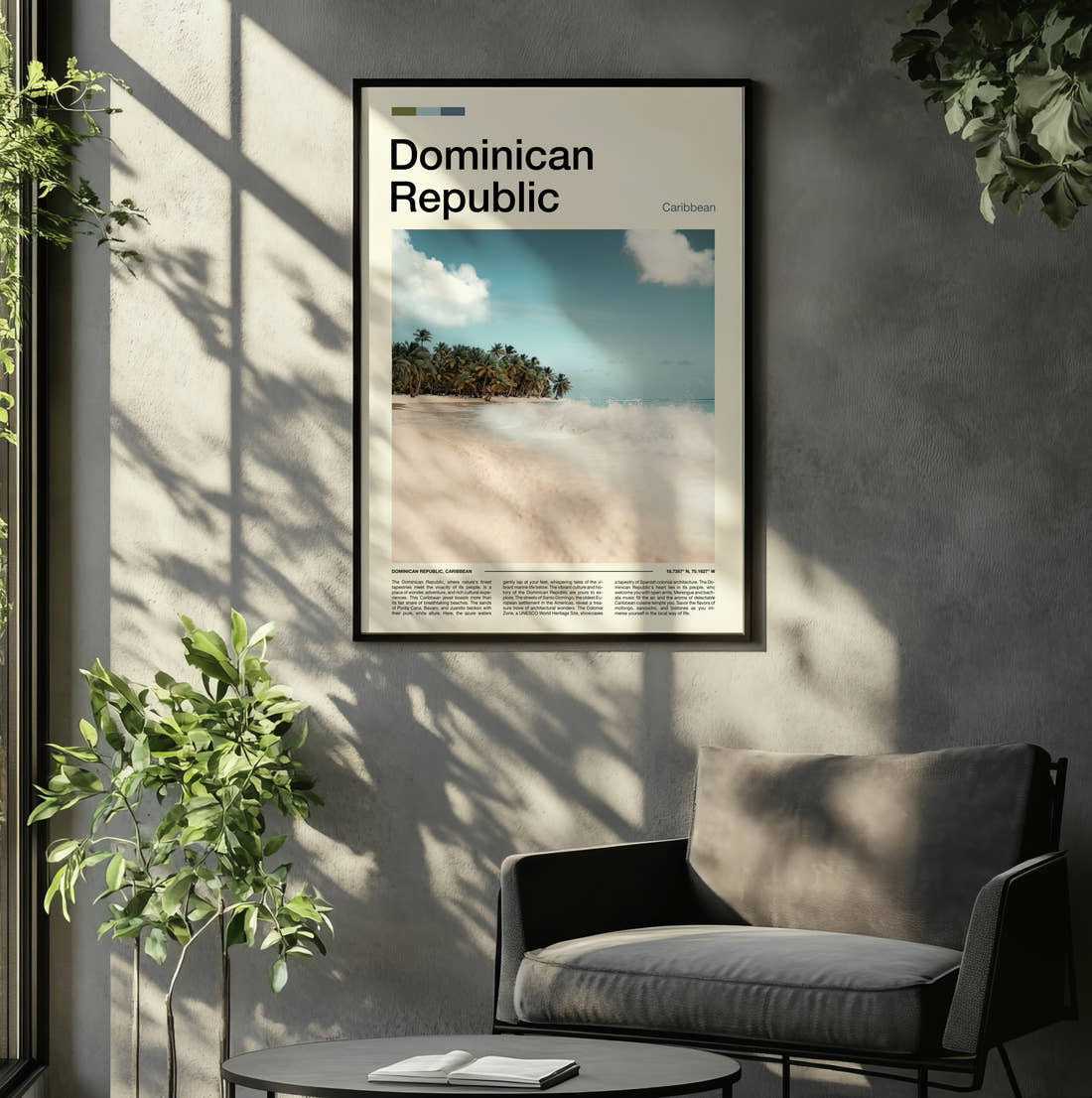 Dominican Republic White Sand Beach Travel Print framed on the wall of a relaxed living room