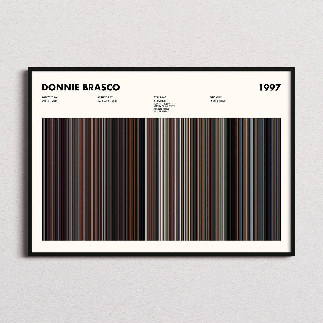 Donnie Brasco Movie Barcode Poster framed and photographed straight on