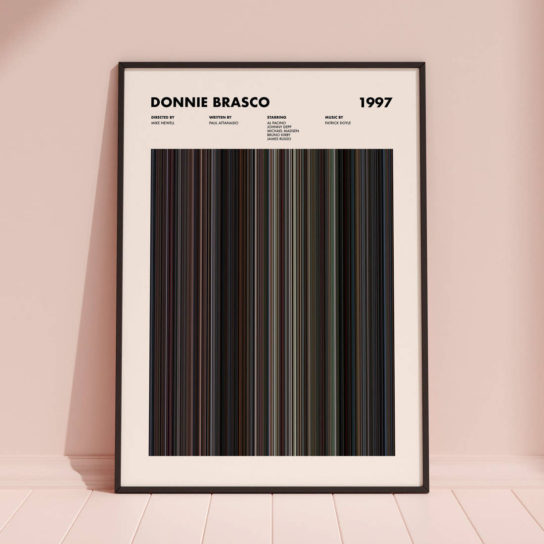 Donnie Brasco Movie Barcode Poster framed and leaning against a coloured wall