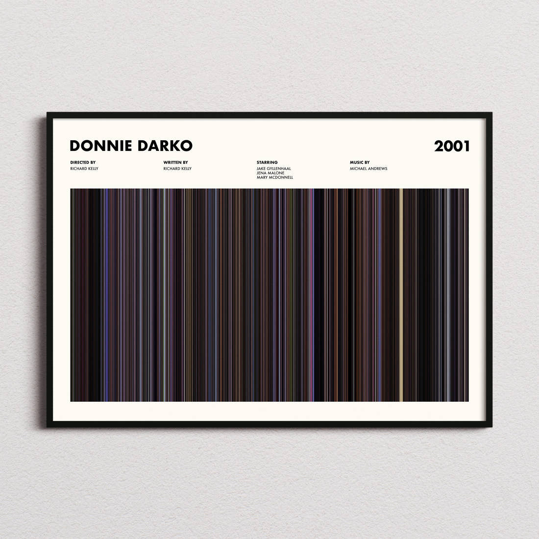Donnie Darko Movie Barcode Poster framed and photographed straight on